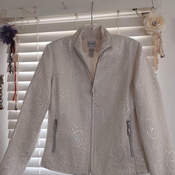 Chico’s Women’s 0 4/6 Metallic Paisley Brocade Moto Jacket Silver Ivory Pockets - Picture 7 of 8